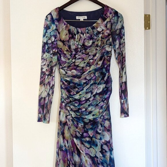 KAY UNGER Floral-Print Draped Waist Stretch Mesh Fabric Dress - Picture 2 of 10